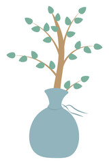 Young tree for planting. Bush with green leaves wrapped in a gray canvas bag. Color vector illustration. Outline on an isolated white background. Flat style. Idea for web design.