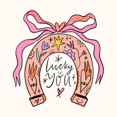 Cowgirl western art groovy boho hippie coquette aesthetic. Pink horseshoe with Lucky text lettering. Hand drawn line coloring art vector illustration clipart. Bohemian postmodern funky psychedelic