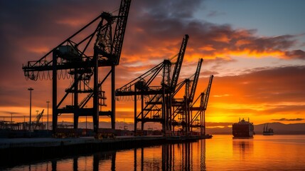 Obraz premium Cranes loom against a vibrant sunset as a cargo ship approaches the harbor. The warm colors of twilight reflect off the water, highlighting the industrial silhouette