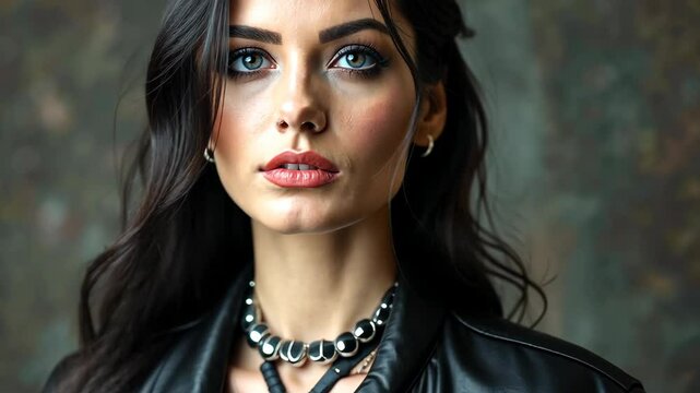 A cheeky woman in leather, a gothic business style for an imperious character. Lady in jewelry, black clothes on a slender girl. Straight open look into the camera, dangerous woman.