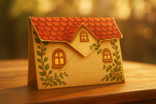 Envelope designed as small house with red roof, windows and leaves, standing on wooden table in warm sunlight