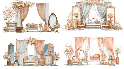 Romantic wedding stage decoration with curtains, mirrors, and flowers in elegant pastel watercolor style. Great for wedding invitations or bridal themes.

