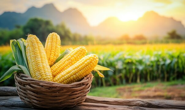 yellow fresh corncob or maizecob in a wooden basket beside agriculture farm in the morning sunrise	