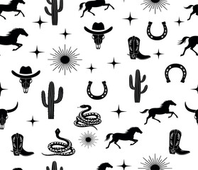 Western Themed Cowboy, Cowgirl Seamless Pattern. Cactus, Cowboy Seamless Repeat Design. Boho Seamless Pattern.