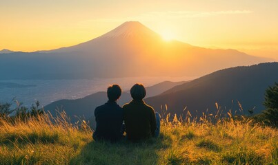 sweet romantic couple is relaxing at nature field in the evening sunset on their summer holiday trip.	