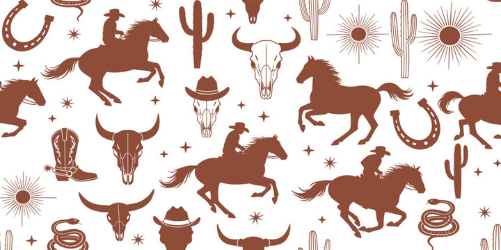 Western Themed Cowboy, Cowgirl Seamless Pattern. Cactus, Cowboy Seamless Repeat Design. Boho Seamless Pattern