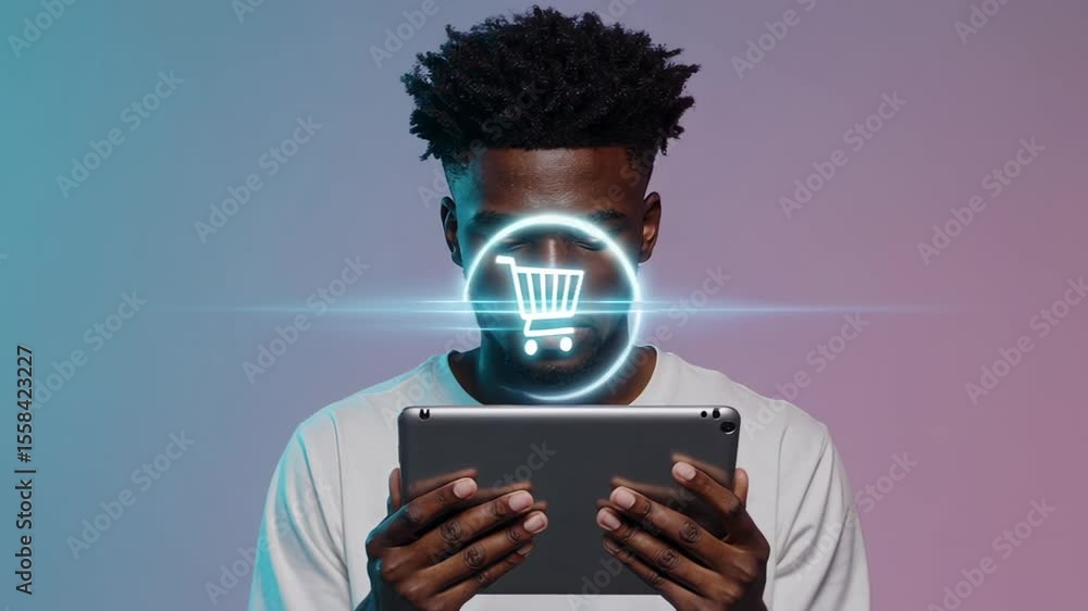 Poster Young professional engaging with digital shopping platform, wearing futuristic gradient background while experiencing innovative e commerce interaction through tablet screen projection