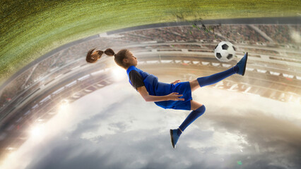 Creative 3D football field with curved perspective, girl suspended in mid-air during soccer moment....