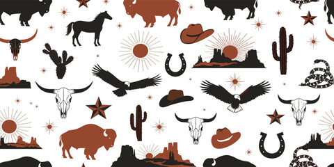 Western Themed Vector Seamless Pattern. Cactus, Cowboy Seamless Repeat Design. Boho Seamless Pattern