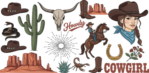 Western vector graphic set featuring cowgirls, horses, cacti, skulls, hats, boots, and Howdy & Cowgirl typography. Perfect for stickers, t-shirt designs, and other uses.
