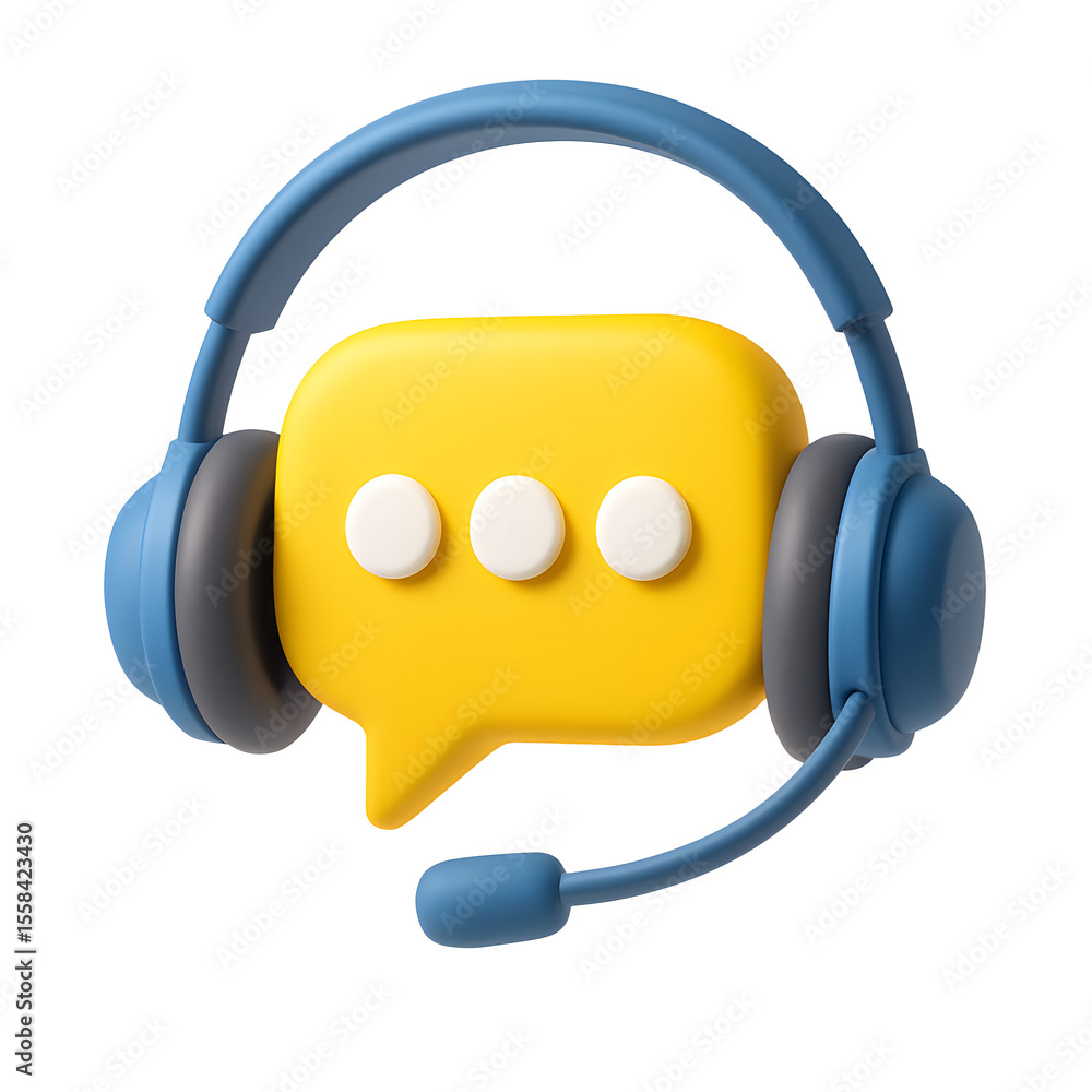 Poster 3d yellow chat bubble with three dots and blue headset icon isolated on transparent background