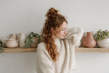 Woman in cozy sweater posing against neutral wall lifestyle portrait indoor setting soft natural light