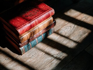 Antique books stacked on wooden floor vintage literature soft shadows cozy reading nook