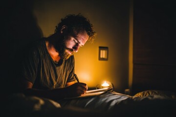 Evening writing session bedroom photography cozy environment close-up view creative reflection