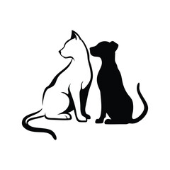Charming black and white cat and dog silhouette, perfect for pet art, tattoos, or home decor. High-quality vector design with a heartwarming touch. Ideal for creative pet lovers