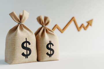 Money Bags with USD dollar sign for dividend return profit from investment funding. Financial and accounting concept. Sack of cash and growing graph. Success, wealth, economic symbol. Stock market