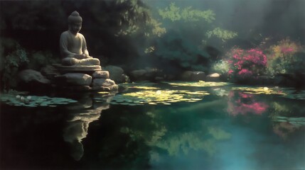 Serene Buddha by Calm Pond