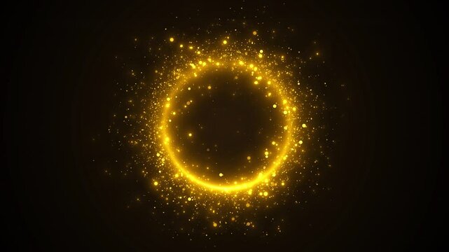 Golden Ring of Particles Black Background. circle frame sparkles and flares Golden glitter light tail, sparkling shining glare effect. Gold glittering magic shimmer, glowing light sparks and particles