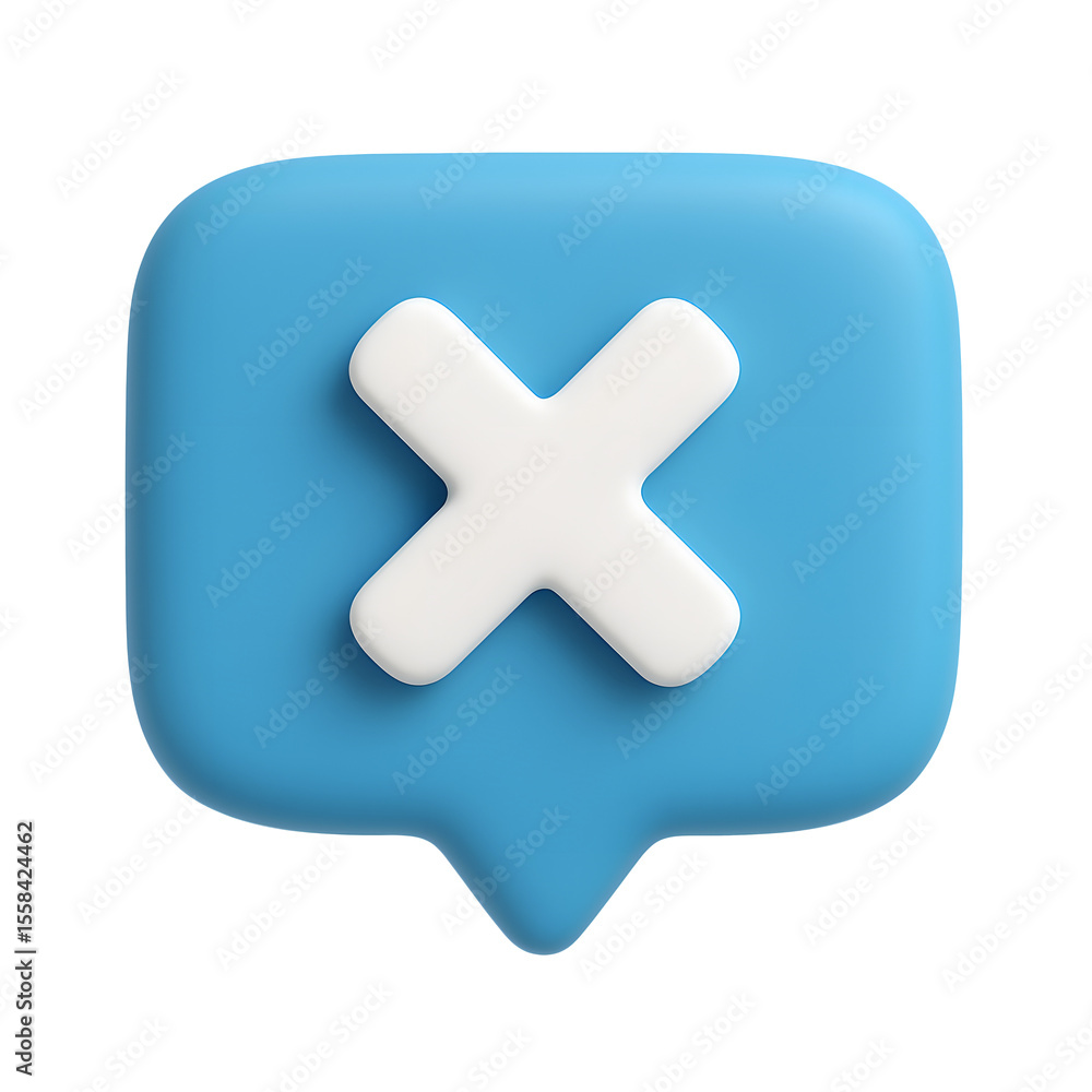 Poster blue speech bubble icon with white cross mark showing error or close symbol isolated on transparent 