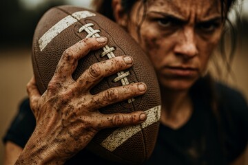 Close-up of female athlete holding dirty american football with muddy hand and intense expression after game or training