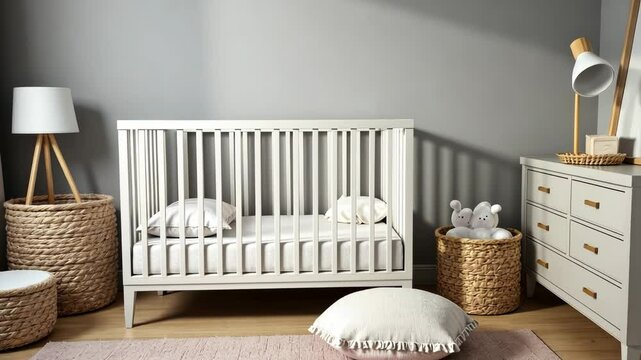 baby room mockup with crib. Bedroom design template. Neutral tones in the interior..