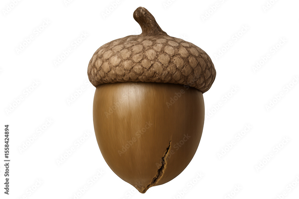 Poster photorealistic 3d rendering of an acorn with a textured cap and a small crack, isolated on a transpa