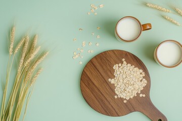 Vegan non dairy alternative milk mugs. Oat milk glasses on a wood tray on a green background. Flakes and ears of oats. Oatmeal and granola on a wooden plate. Dairy-free beverage choice. Lactose-free