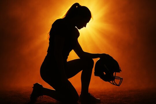 Silhouette of female American football player kneeling with helmet against dramatic sunset light in background