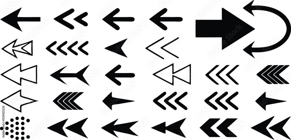 Poster arrow icons collection various shapes directions pointing left right circular on background