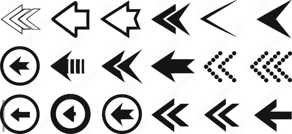 Poster collection of arrow icons in various styles including outlines solid dot patterns