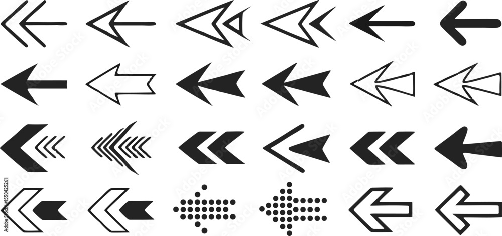 Poster collection of handdrawn arrows pointing leftward in various styles on background