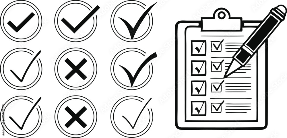 Poster handdrawn check marks cross marks in circles with clipboard pen on background checkmark