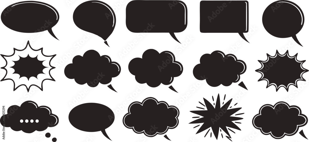 Poster collection of speech bubbles burst shapes handdrawn on background for communication design