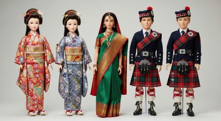 Fototapeta premium Cultural dolls in traditional attire representing japanese and scottish heritage