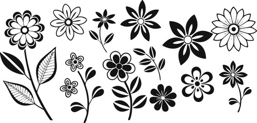 Handdrawn floral elements collection featuring various flower shapes leaves stems on background