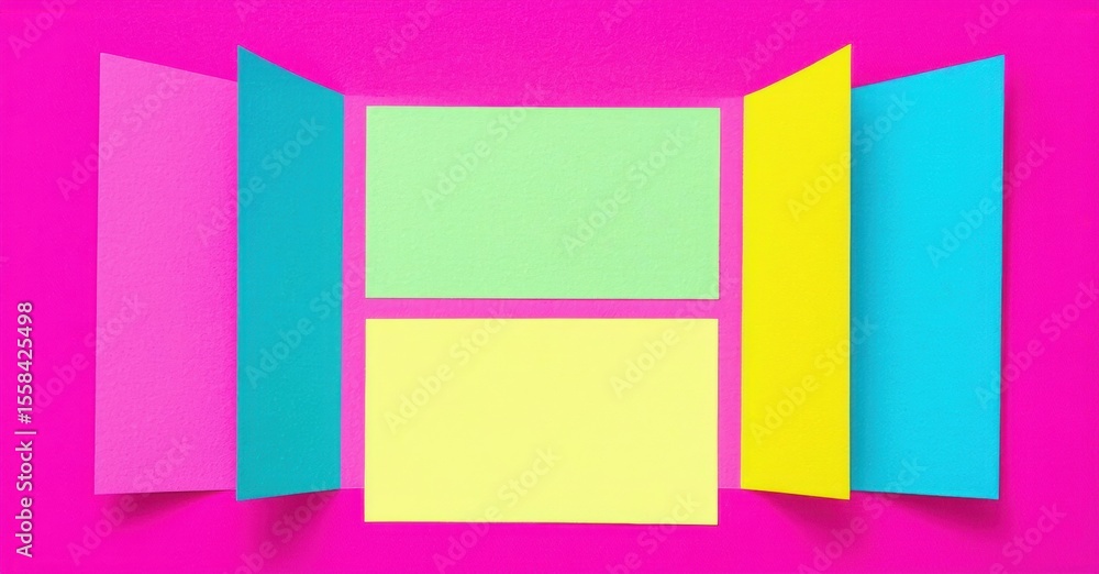 Poster bright paper rectangles form open doorway. vivid colors create playful, modern composition. minimali