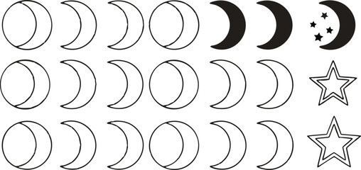 Handdrawn phases of the moon stars on a background celestial design crescent full