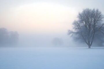Lone bare tree covered in frost stands in a misty winter field at dawn