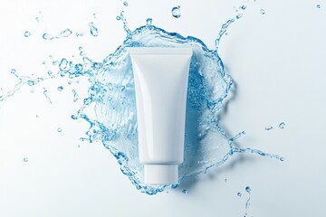 White blank plastic cosmetic tube in light blue water dynamic splashes isolated on white transparent backdrop. Teal package mockup. Hand cream, body lotion, face cleanser. Moisturizing beauty product