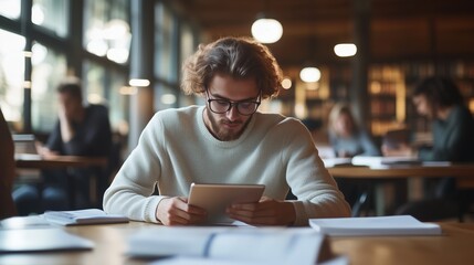 Student studies intently in a cozy library during the late afternoon hours while using a tablet for research