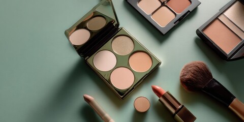 The elegant arrangement of makeup cosmetics in a chic flatlay setting.