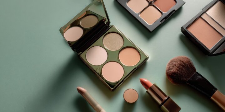 The elegant arrangement of makeup cosmetics in a chic flatlay setting.