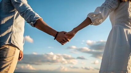 couple holding hands. Man and woman holding hands wiith blue sky on the background. People in love. Romantic date. Couple in love. 