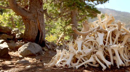 bones tangled in roots of a tree under dappled sunlight in a hidden forest