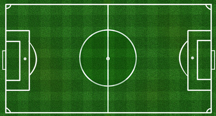 full size green soccer or football field green pitch cross design white center circle for kick off in stadium top down view background or banner relist 
