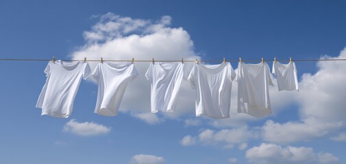 The white t-shirts hanging on a clothesline under a blue sky.