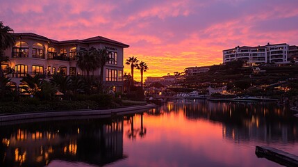 Fototapeta premium Vibrant sunset paints the sky over waterfront luxury homes and calm waters, reflecting warm colors