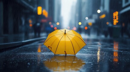 A single bright yellow umbrella in a grayscale rainy city scene
