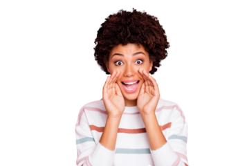 Photo of curly wavy cheerful ecstatic black girlfriend shouting you unbelievable news about sales started at shopping mall nearby isolated pink pastel color background