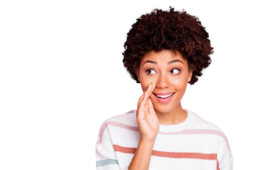 Photo of cheerful charming cute nice black millennial whispering you new information staring at empty space smiling toothily wearing striped white sweater isolated pink pastel color background